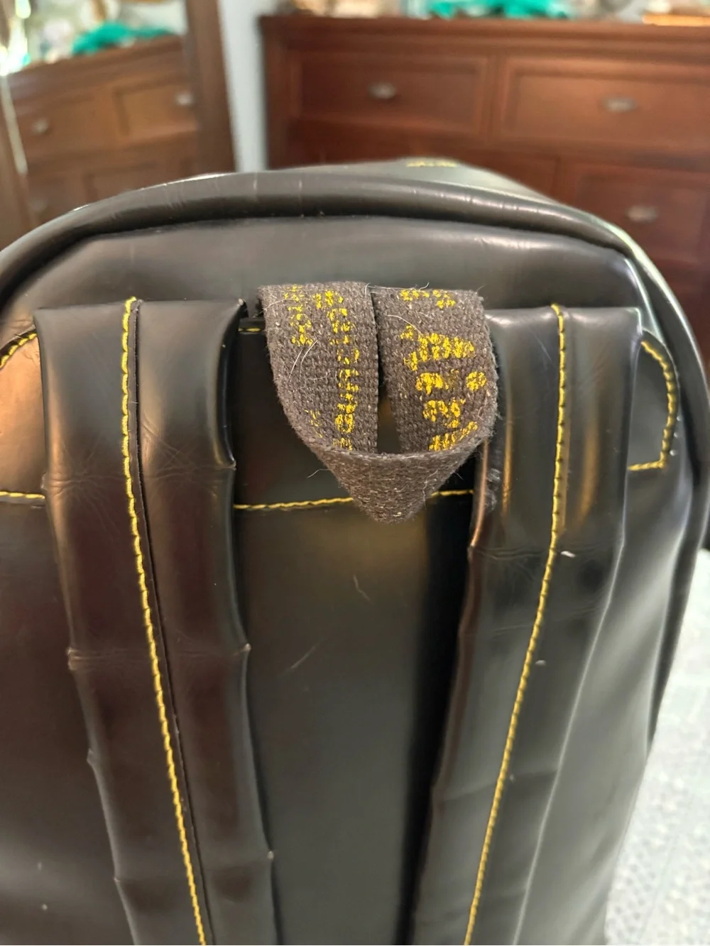 Rare Vintage Dr. Martens Black PVC Box Backpack Yellow Stitch Sole-Print Zipper